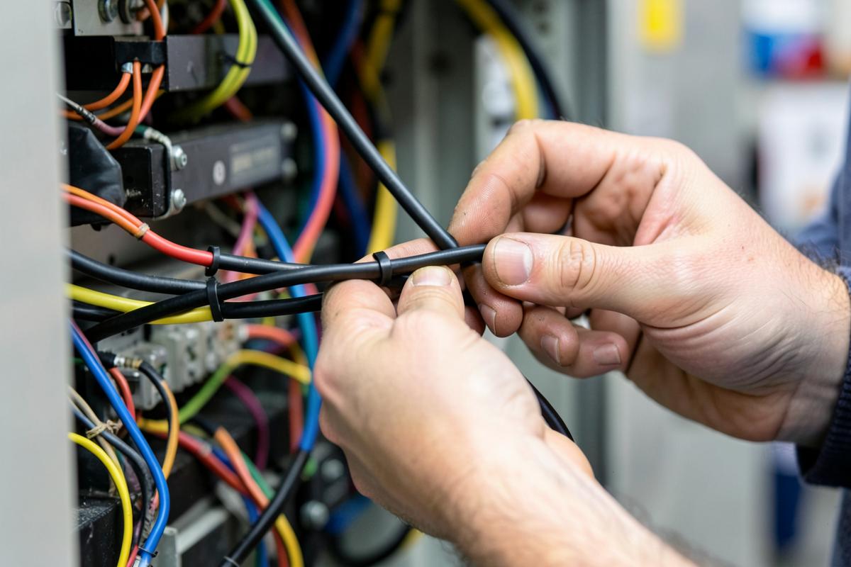 Elektricien bundelt kabels met kabelbinders in een schakelkast